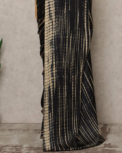 Black Premium Pure Silk Satin Saree With Beige Abstract Striped Print 5.5 Mtrs Length 110 Cms Width From India-D27241