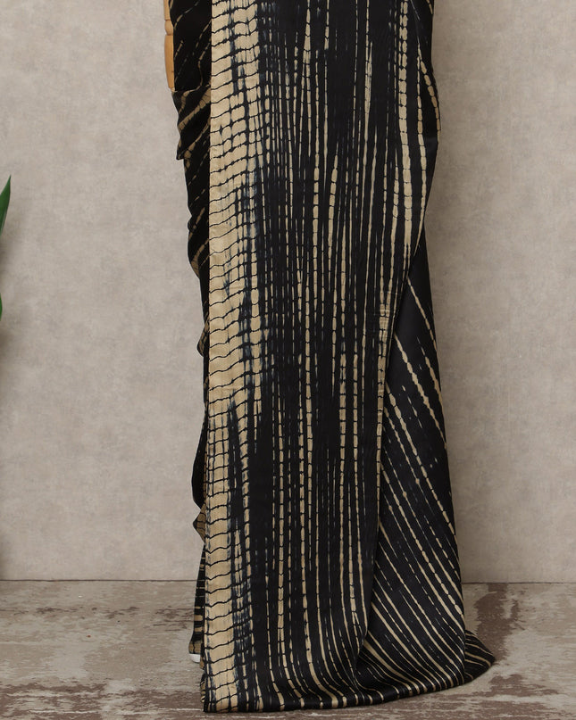 Black Premium Pure Silk Satin Saree With Beige Abstract Striped Print 5.5 Mtrs Length 110 Cms Width From India-D27241