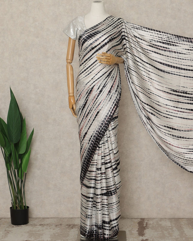 Ivory White Premium Pure Silk Satin Saree With Black Abstract Striped Print 5.5 Mtrs Length 110 Cms Width From India-D27240