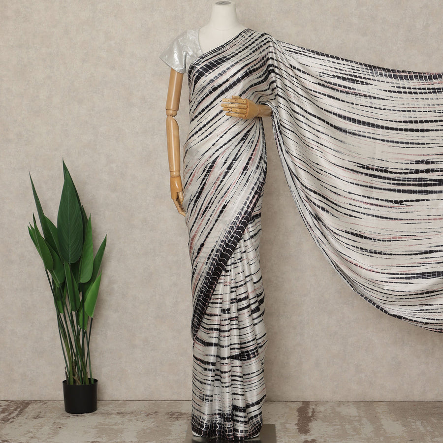 Ivory White Premium Pure Silk Satin Saree With Black Abstract Striped Print 5.5 Mtrs Length 110 Cms Width From India-D27240