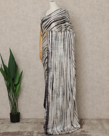 Ivory White Premium Pure Silk Satin Saree With Black Abstract Striped Print 5.5 Mtrs Length 110 Cms Width From India-D27240