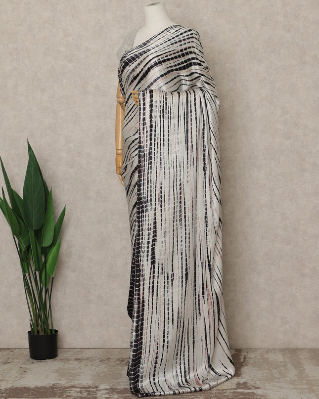 Ivory White Premium Pure Silk Satin Saree With Black Abstract Striped Print 5.5 Mtrs Length 110 Cms Width From India-D27240