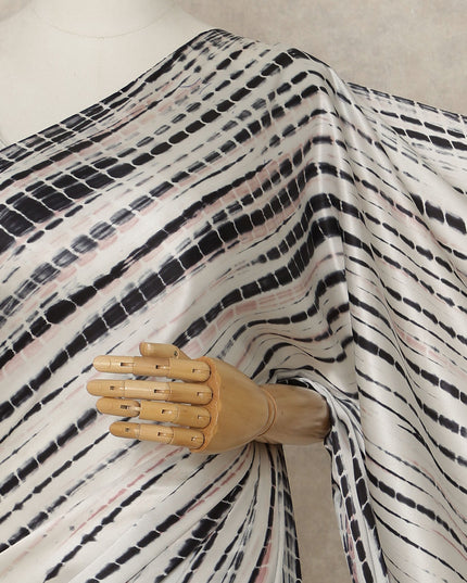 Ivory White Premium Pure Silk Satin Saree With Black Abstract Striped Print 5.5 Mtrs Length 110 Cms Width From India-D27240