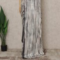Ivory White Premium Pure Silk Satin Saree With Black Abstract Striped Print 5.5 Mtrs Length 110 Cms Width From India-D27240