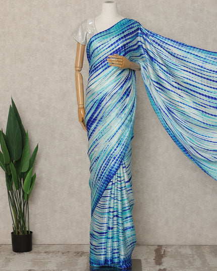 Sky Blue Premium Pure Silk Satin Saree With Abstract Striped Print 5.5 Mtrs Length 110 Cms Width From India-D27242