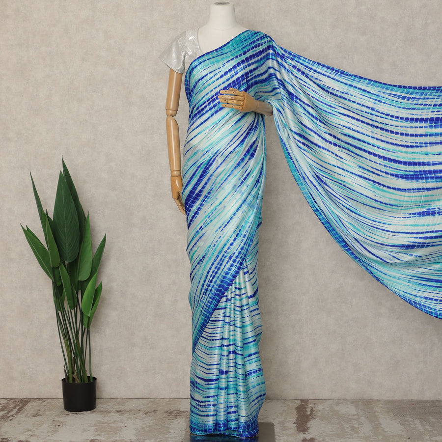 Sky Blue Premium Pure Silk Satin Saree With Abstract Striped Print 5.5 Mtrs Length 110 Cms Width From India-D27242