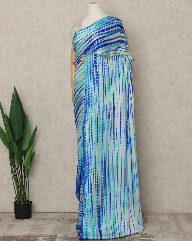 Sky Blue Premium Pure Silk Satin Saree With Abstract Striped Print 5.5 Mtrs Length 110 Cms Width From India-D27242