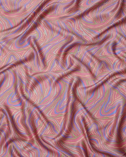Pink Multicolor Abstract Wave Print Silk Satin Fabric 110 Cms Width India-D24990