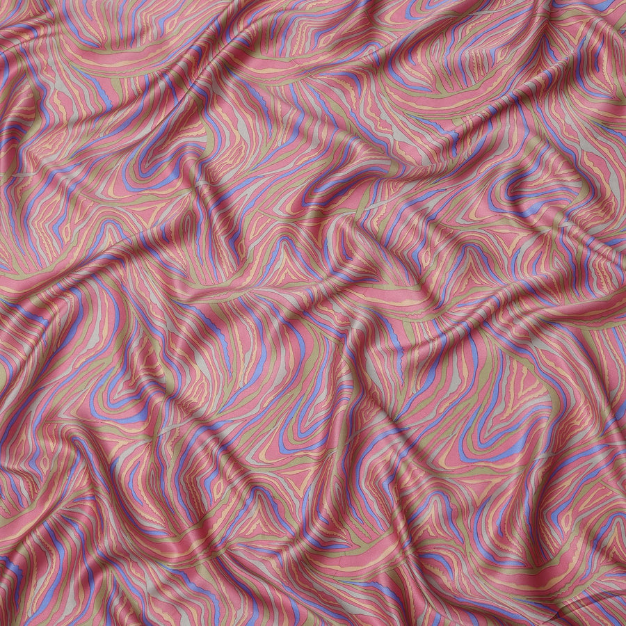 Pink Multicolor Abstract Wave Print Silk Satin Fabric 110 Cms Width India-D24990