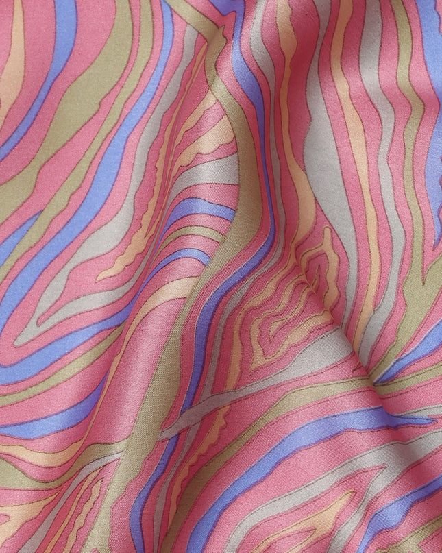 Pink Multicolor Abstract Wave Print Silk Satin Fabric 110 Cms Width India-D24990