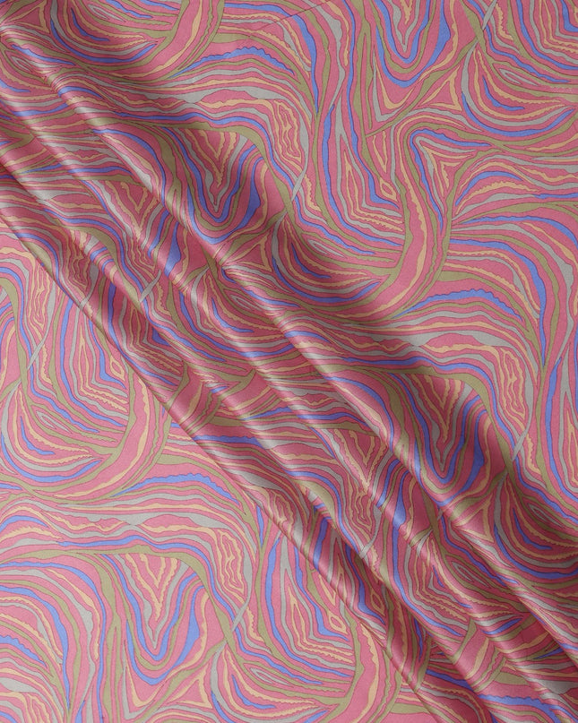 Pink Multicolor Abstract Wave Print Silk Satin Fabric 110 Cms Width India-D24990