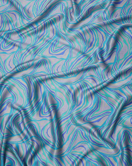 Blue Multicolor Abstract Wave Print Silk Satin Fabric 110 Cms Width India-D24991