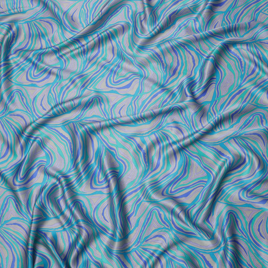 Blue Multicolor Abstract Wave Print Silk Satin Fabric 110 Cms Width India-D24991