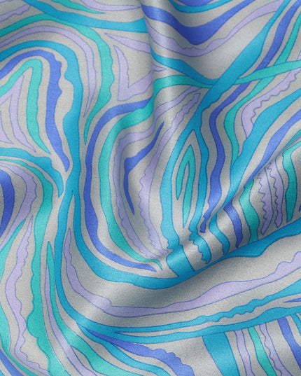 Blue Multicolor Abstract Wave Print Silk Satin Fabric 110 Cms Width India-D24991