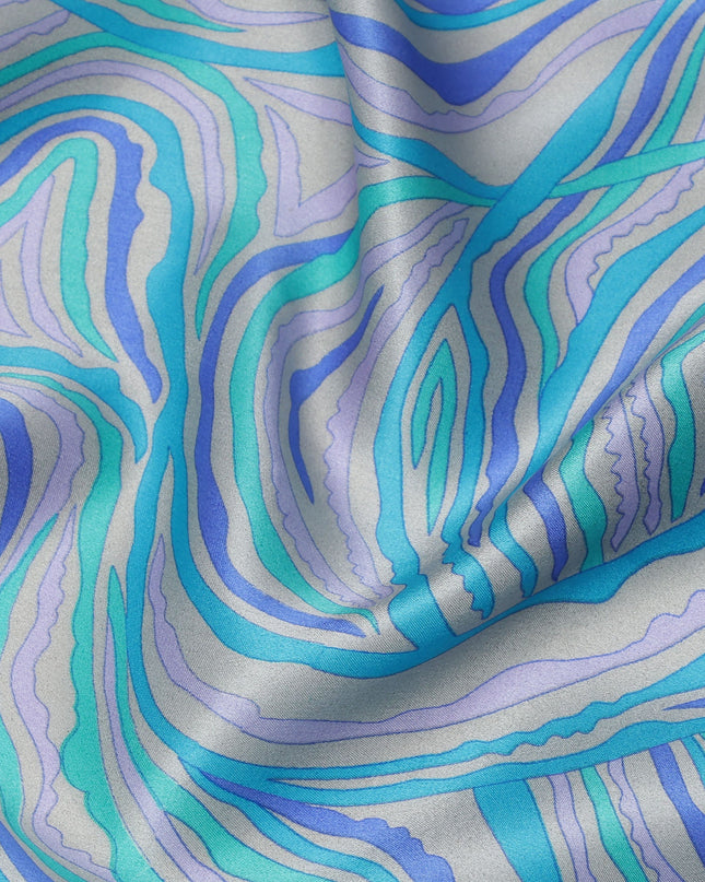 Blue Multicolor Abstract Wave Print Silk Satin Fabric 110 Cms Width India-D24991