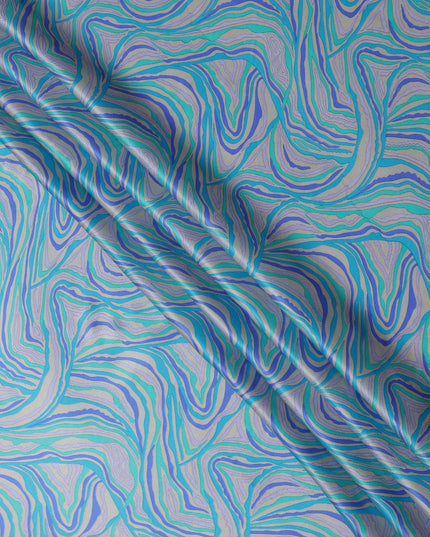 Blue Multicolor Abstract Wave Print Silk Satin Fabric 110 Cms Width India-D24991