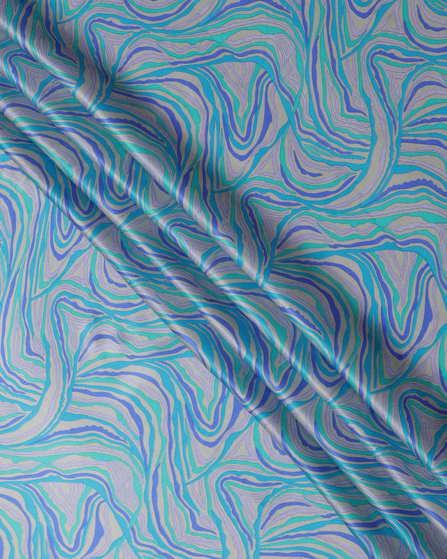 Blue Multicolor Abstract Wave Print Silk Satin Fabric 110 Cms Width India-D24991