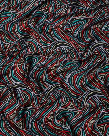 Multicolor Abstract Wave Print Silk Satin Fabric 110 Cms Width India-D24989