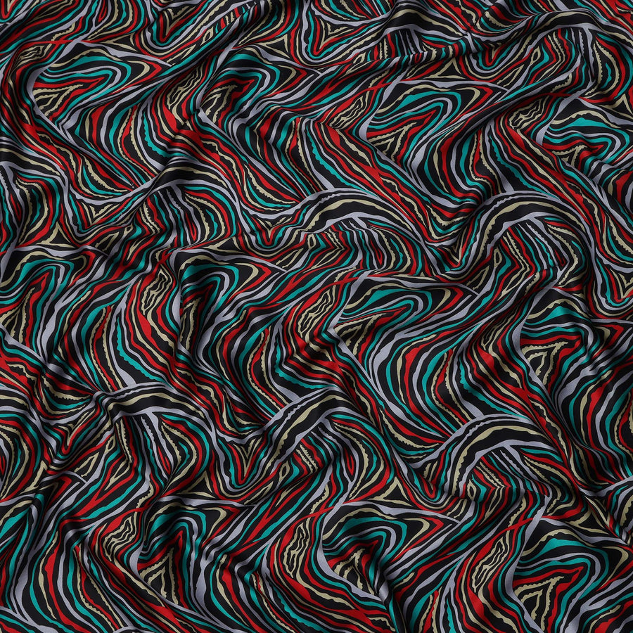 Multicolor Abstract Wave Print Silk Satin Fabric 110 Cms Width India-D24989
