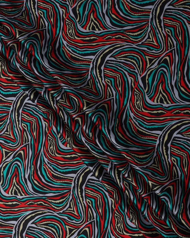 Multicolor Abstract Wave Print Silk Satin Fabric 110 Cms Width India-D24989