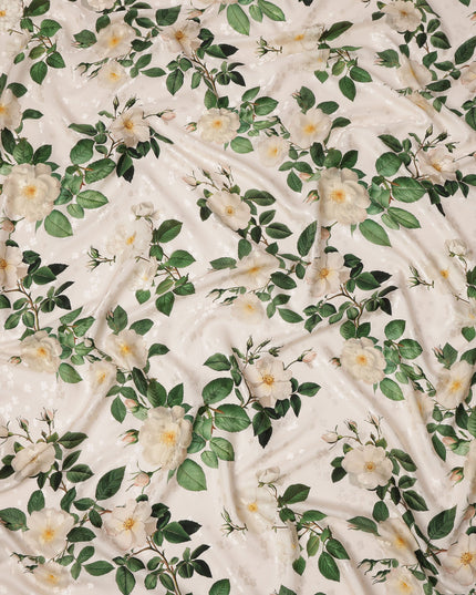 Cream with White and Green Floral Print on Premium Pure Italian Silk Satin Fabric, 140 Cms Width, Italy-D24788