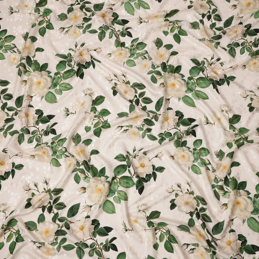 Cream with White and Green Floral Print on Premium Pure Italian Silk Satin Fabric, 140 Cms Width, Italy-D24788