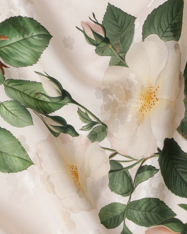 Cream with White and Green Floral Print on Premium Pure Italian Silk Satin Fabric, 140 Cms Width, Italy-D24788