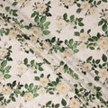 Cream with White and Green Floral Print on Premium Pure Italian Silk Satin Fabric, 140 Cms Width, Italy-D24788