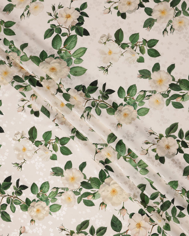 Cream with White and Green Floral Print on Premium Pure Italian Silk Satin Fabric, 140 Cms Width, Italy-D24788