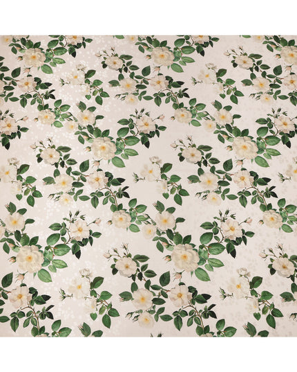 Cream with White and Green Floral Print on Premium Pure Italian Silk Satin Fabric, 140 Cms Width, Italy-D24788