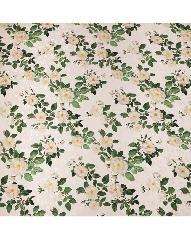 Cream with White and Green Floral Print on Premium Pure Italian Silk Satin Fabric, 140 Cms Width, Italy-D24788