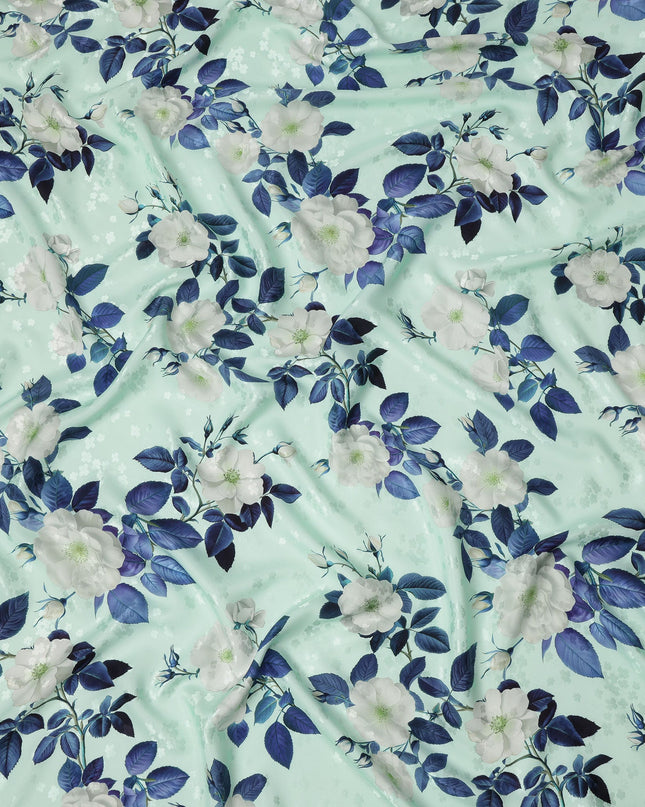 Mint Green with White and Blue Floral Print on Premium Pure Italian Silk Satin Fabric, 140 Cms Width, Italy-D24787