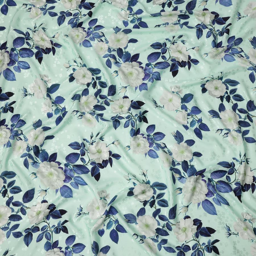 Mint Green with White and Blue Floral Print on Premium Pure Italian Silk Satin Fabric, 140 Cms Width, Italy-D24787