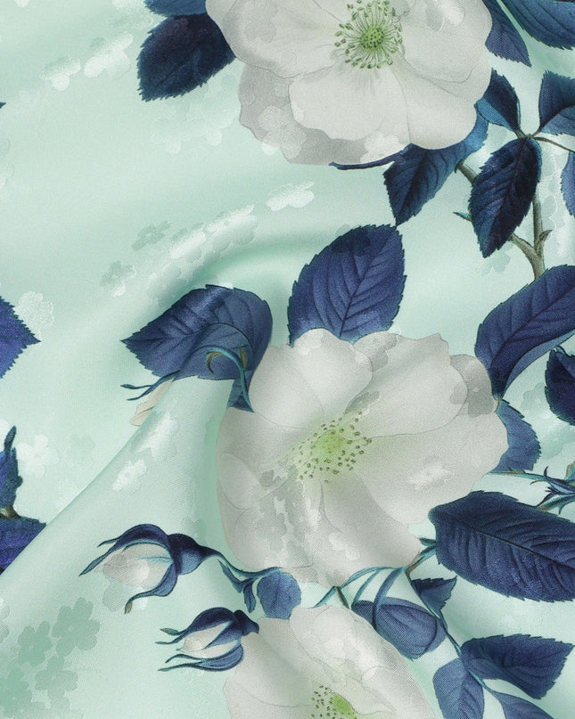 Mint Green with White and Blue Floral Print on Premium Pure Italian Silk Satin Fabric, 140 Cms Width, Italy-D24787