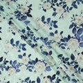 Mint Green with White and Blue Floral Print on Premium Pure Italian Silk Satin Fabric, 140 Cms Width, Italy-D24787