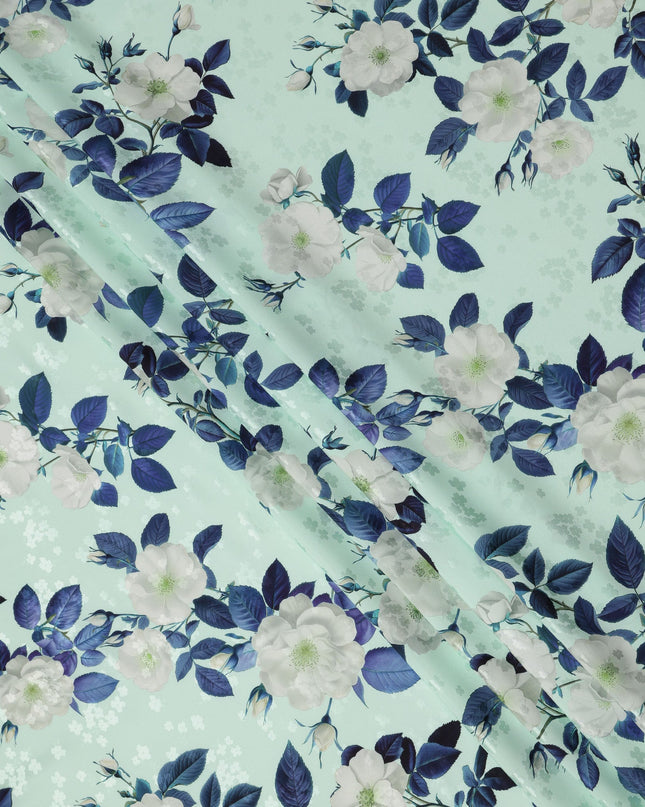 Mint Green with White and Blue Floral Print on Premium Pure Italian Silk Satin Fabric, 140 Cms Width, Italy-D24787