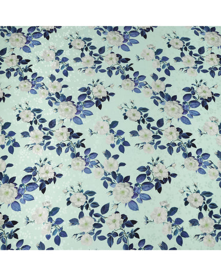 Mint Green with White and Blue Floral Print on Premium Pure Italian Silk Satin Fabric, 140 Cms Width, Italy-D24787