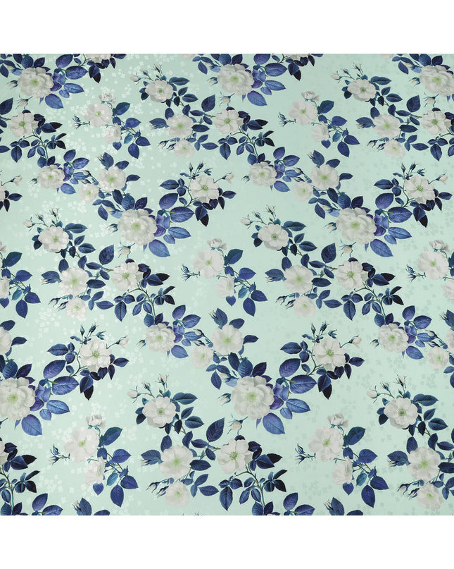 Mint Green with White and Blue Floral Print on Premium Pure Italian Silk Satin Fabric, 140 Cms Width, Italy-D24787