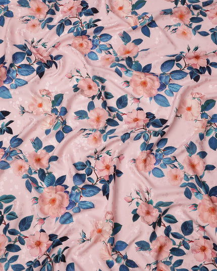 Pink with Peach and Blue Floral Print on Premium Pure Italian Silk Satin Fabric, 140 Cms Width, Italy-D24789