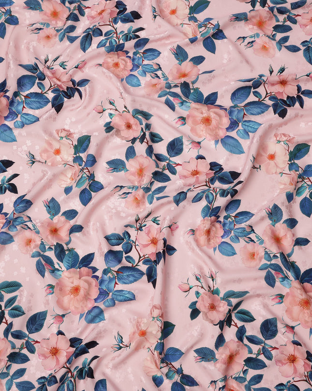 Pink with Peach and Blue Floral Print on Premium Pure Italian Silk Satin Fabric, 140 Cms Width, Italy-D24789