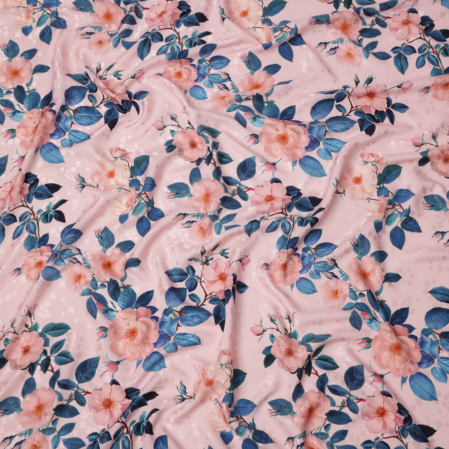 Pink with Peach and Blue Floral Print on Premium Pure Italian Silk Satin Fabric, 140 Cms Width, Italy-D24789