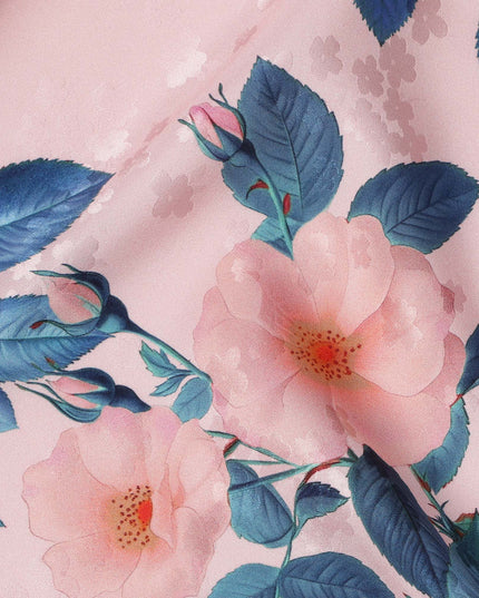 Pink with Peach and Blue Floral Print on Premium Pure Italian Silk Satin Fabric, 140 Cms Width, Italy-D24789