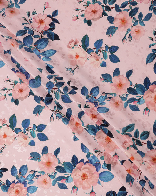 Pink with Peach and Blue Floral Print on Premium Pure Italian Silk Satin Fabric, 140 Cms Width, Italy-D24789
