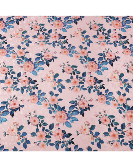 Pink with Peach and Blue Floral Print on Premium Pure Italian Silk Satin Fabric, 140 Cms Width, Italy-D24789