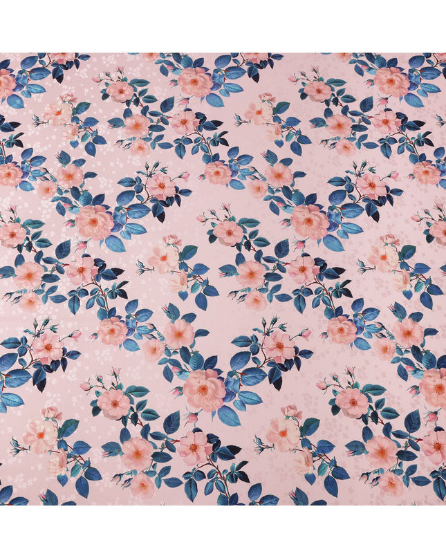 Pink with Peach and Blue Floral Print on Premium Pure Italian Silk Satin Fabric, 140 Cms Width, Italy-D24789