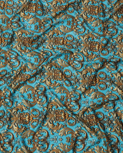 Blue and Gold Ornamental Baroque Print on Premium Pure Italian Silk Satin Fabric, 140 Cms Width, Italy-D24785