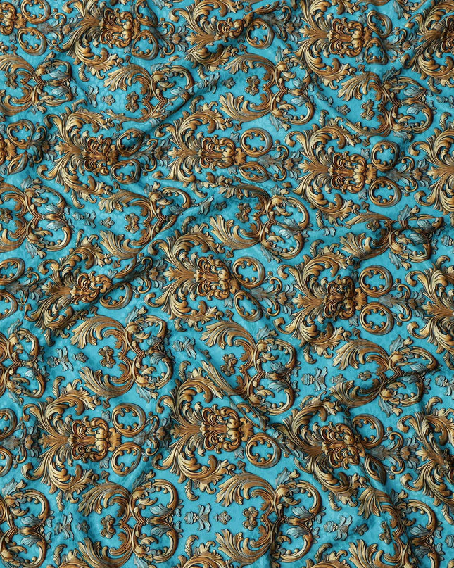 Blue and Gold Ornamental Baroque Print on Premium Pure Italian Silk Satin Fabric, 140 Cms Width, Italy-D24785