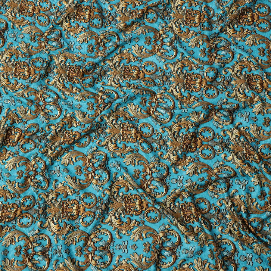 Blue and Gold Ornamental Baroque Print on Premium Pure Italian Silk Satin Fabric, 140 Cms Width, Italy-D24785