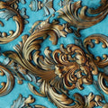Blue and Gold Ornamental Baroque Print on Premium Pure Italian Silk Satin Fabric, 140 Cms Width, Italy-D24785