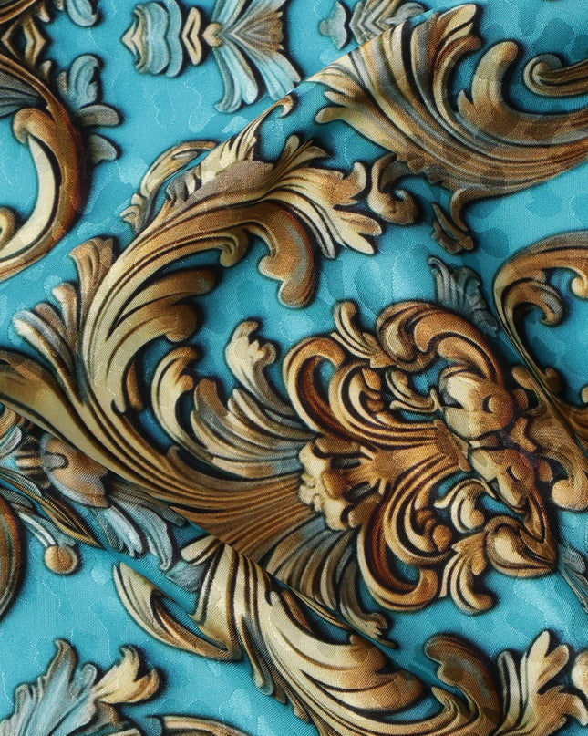 Blue and Gold Ornamental Baroque Print on Premium Pure Italian Silk Satin Fabric, 140 Cms Width, Italy-D24785